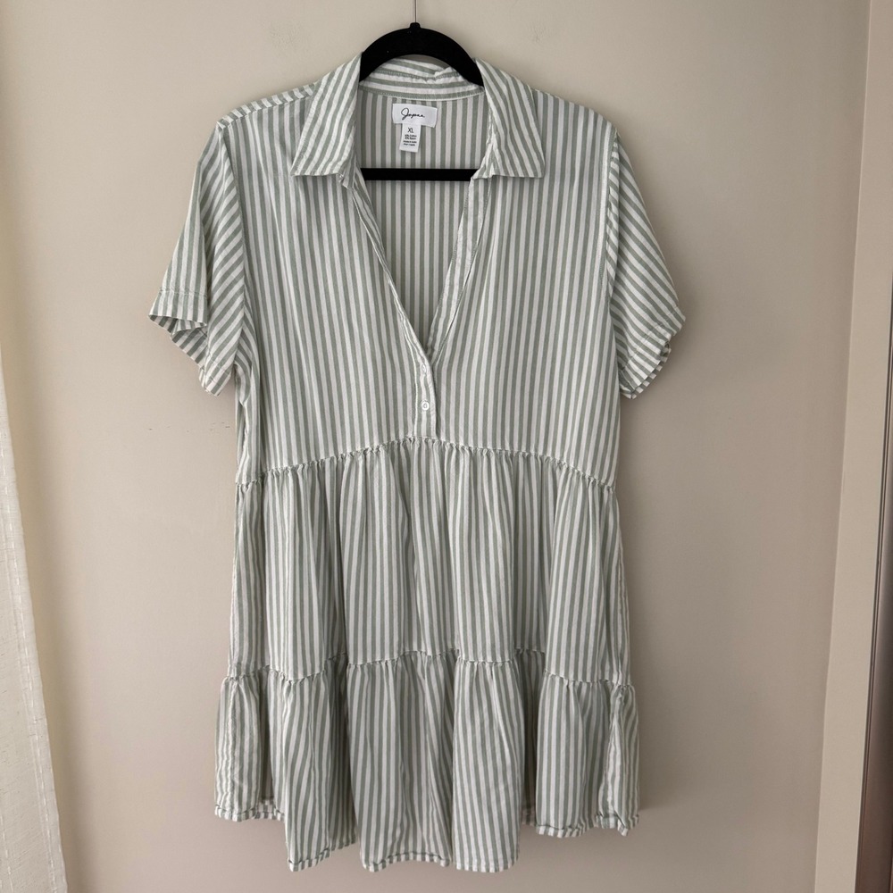 Japna Womens XL Sage Green White Striped Tiered Babydoll Mini Dress Short Sleeve